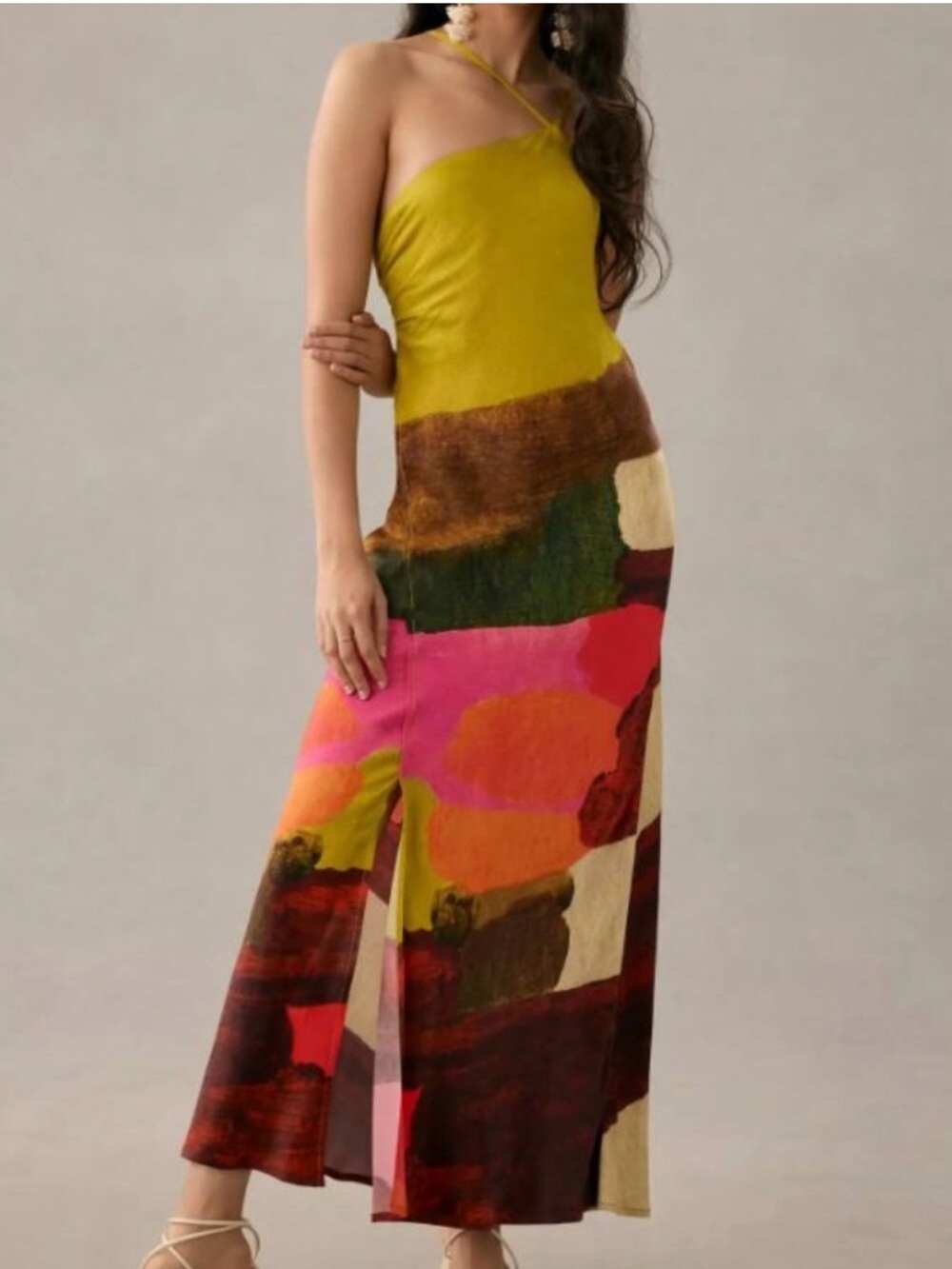 Maxi One-Shoulder Multicolor Printed Dress